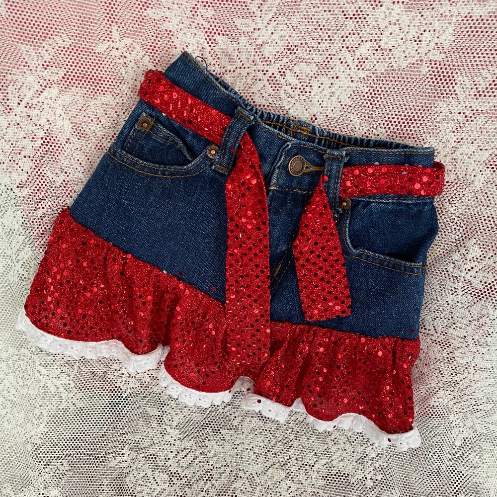 Jean Skirt Red Ruffle sequin